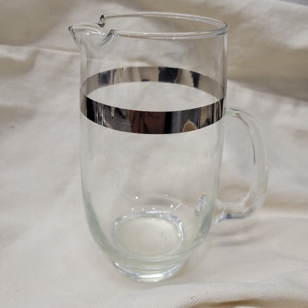 Vintage Silver Banded Glass Cocktail Martini Pitcher w/Applied Handle 6” x 3”